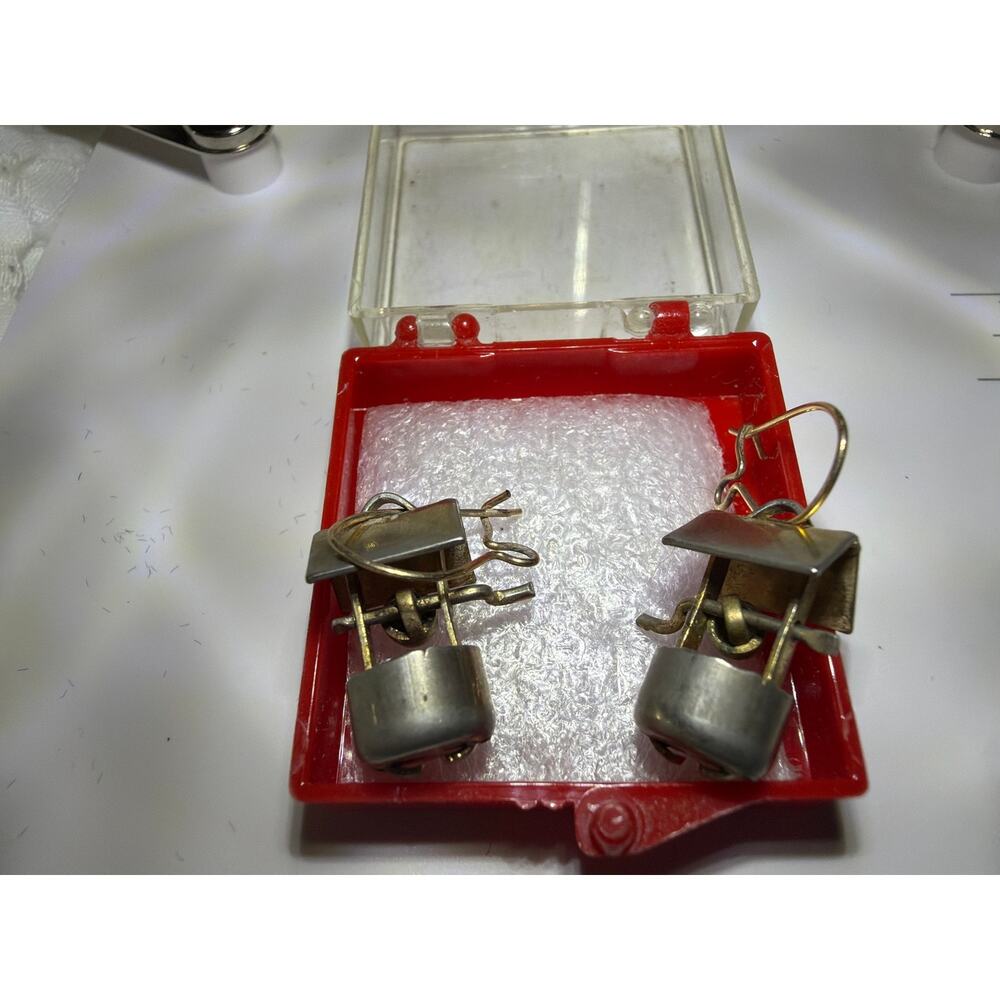 Vintage Silver Tone Dangle Earrings Mechanical Figural Pair Wishing Well Design